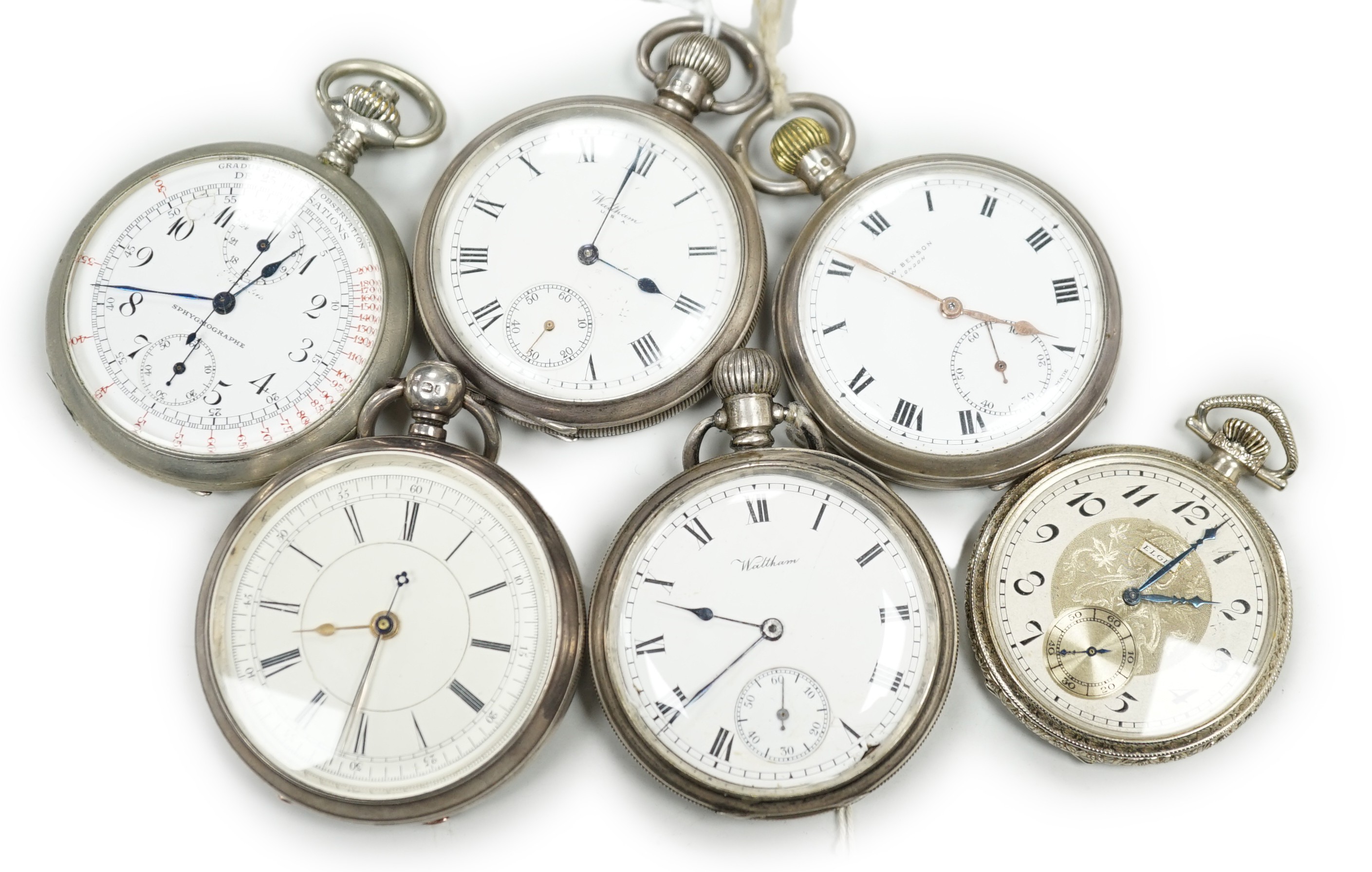 Four assorted silver open faced pocket watches including two Waltham and a J.W. Benson and two other base metal pocket watches.